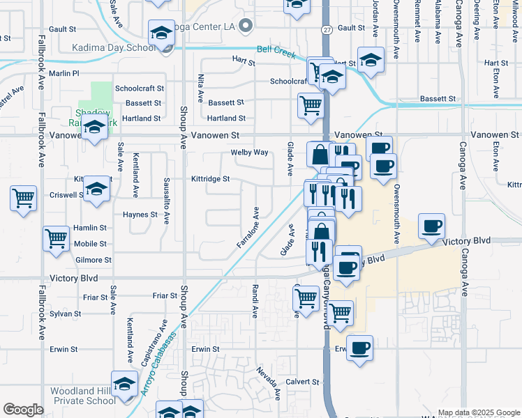 map of restaurants, bars, coffee shops, grocery stores, and more near 6552 Farralone Avenue in Los Angeles