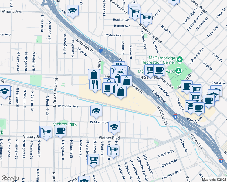map of restaurants, bars, coffee shops, grocery stores, and more near in Burbank