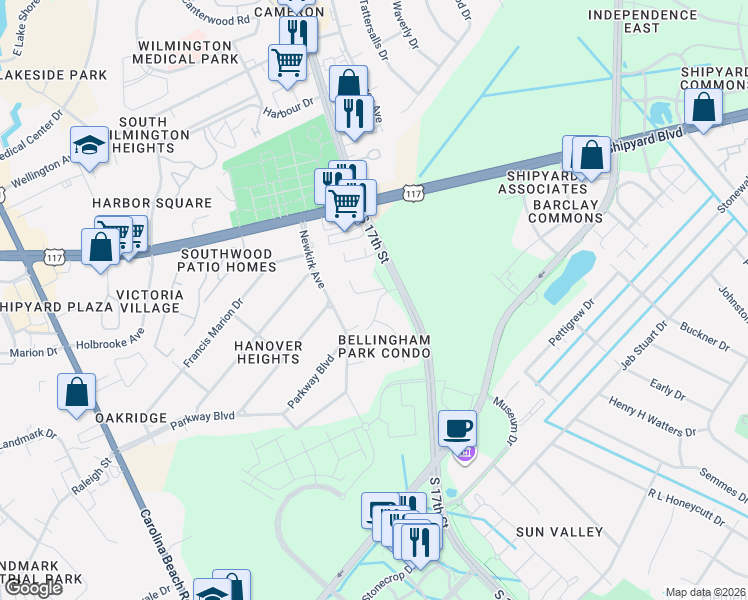 map of restaurants, bars, coffee shops, grocery stores, and more near 2801 Bloomfield Lane in Wilmington