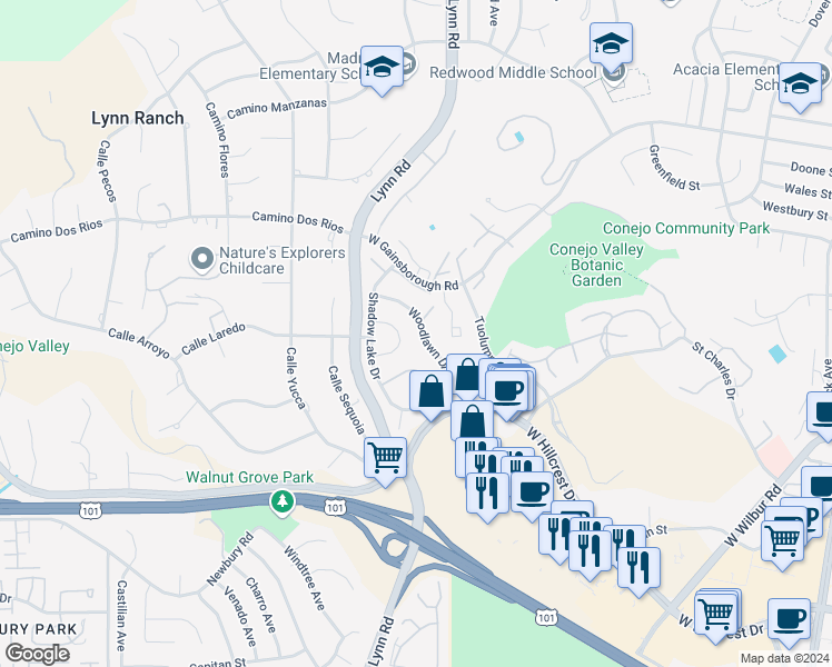 map of restaurants, bars, coffee shops, grocery stores, and more near 865 Woodlawn Drive in Thousand Oaks