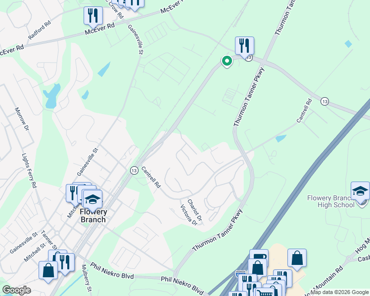map of restaurants, bars, coffee shops, grocery stores, and more near 4858 Beacon Ridge Lane in Flowery Branch