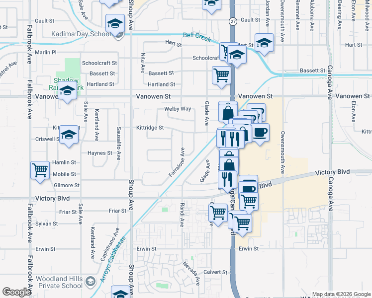 map of restaurants, bars, coffee shops, grocery stores, and more near 6552 Farralone Avenue in Los Angeles