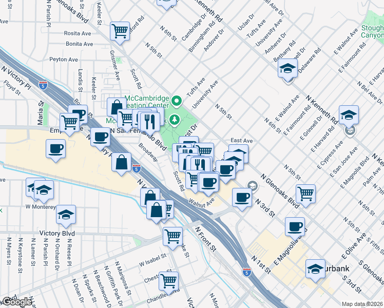 map of restaurants, bars, coffee shops, grocery stores, and more near 230 Bethany Road in Burbank