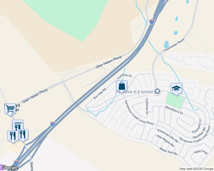 map of restaurants, bars, coffee shops, grocery stores, and more near 3715 Bur Oak Road in San Bernardino