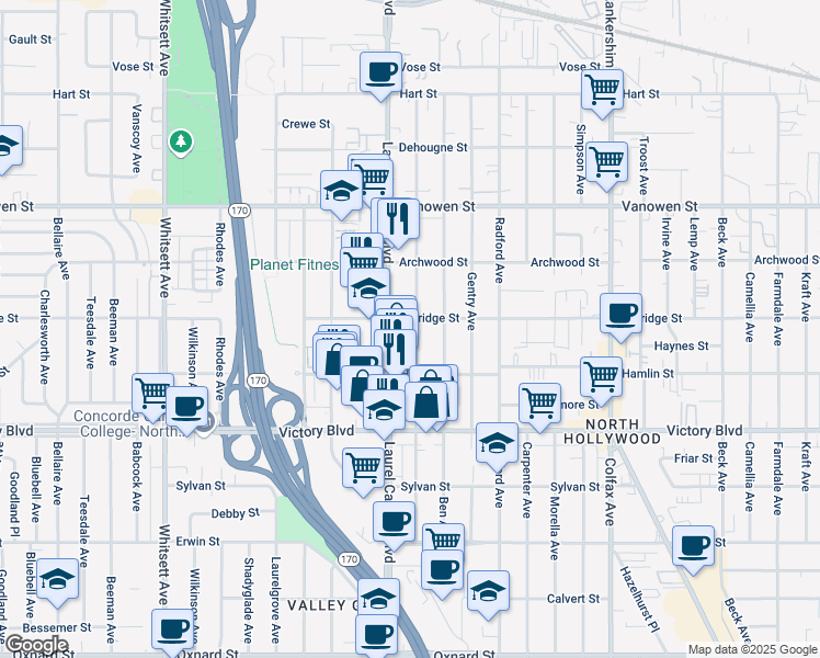 map of restaurants, bars, coffee shops, grocery stores, and more near 6534 Agnes Avenue in Los Angeles