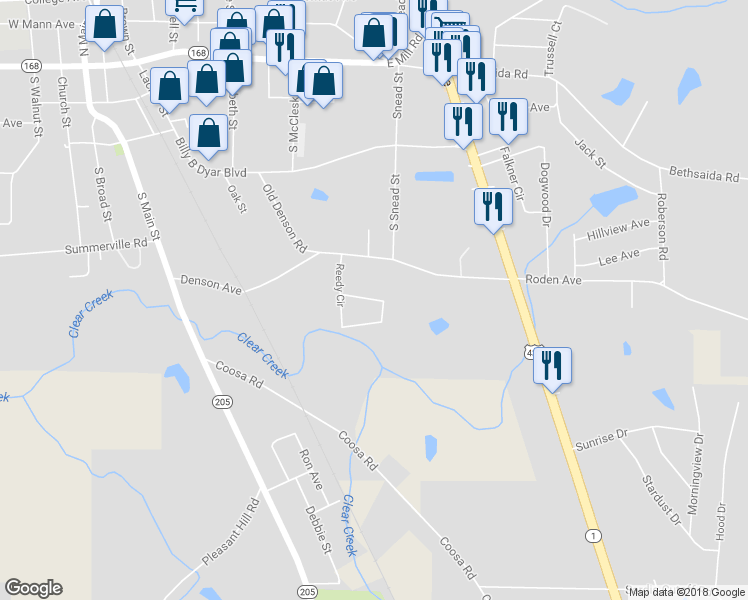 map of restaurants, bars, coffee shops, grocery stores, and more near Reedy Circle in Boaz