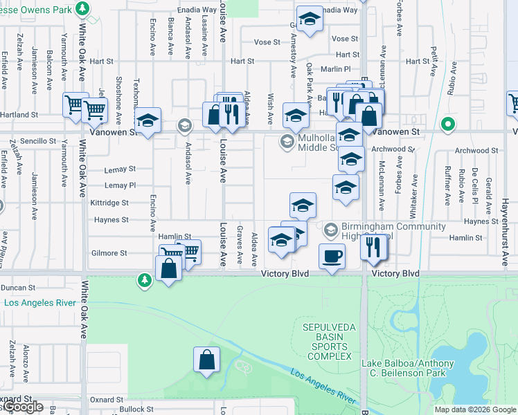 map of restaurants, bars, coffee shops, grocery stores, and more near 6530 Aldea Avenue in Los Angeles