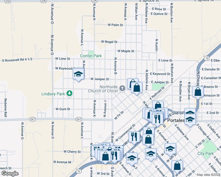 map of restaurants, bars, coffee shops, grocery stores, and more near 308 West Ivy Street in Portales