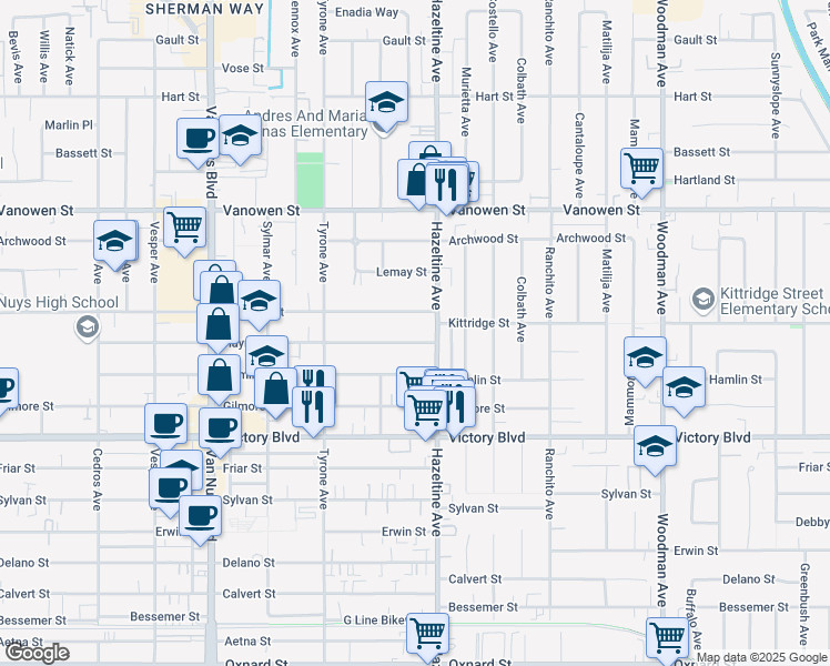 map of restaurants, bars, coffee shops, grocery stores, and more near 14125 Haynes Street in Los Angeles