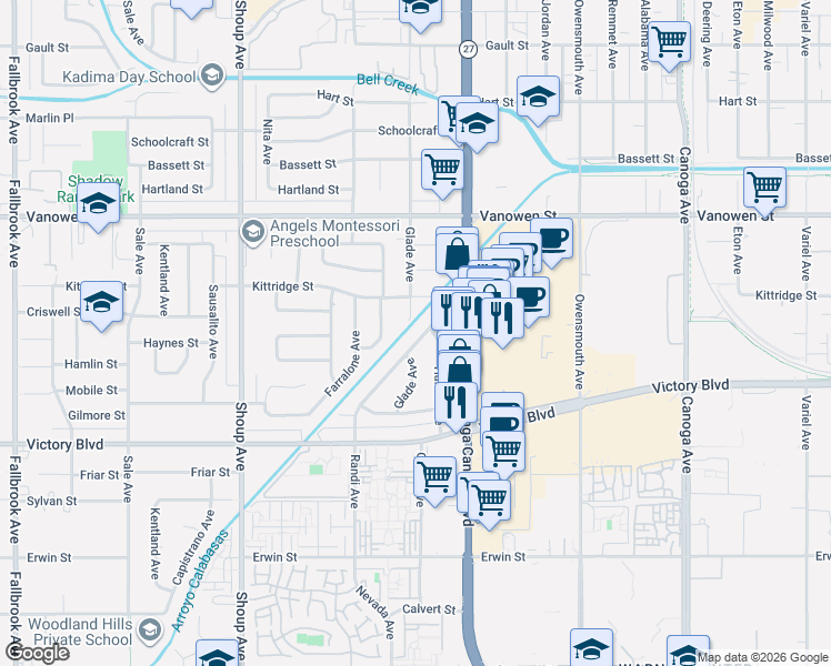 map of restaurants, bars, coffee shops, grocery stores, and more near 6565 Randi Avenue in Los Angeles