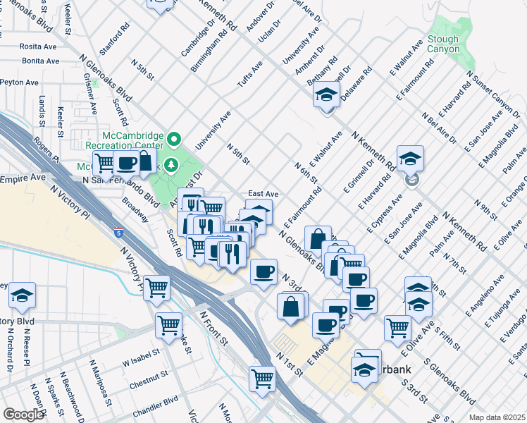map of restaurants, bars, coffee shops, grocery stores, and more near 1006 North Glenoaks Boulevard in Burbank