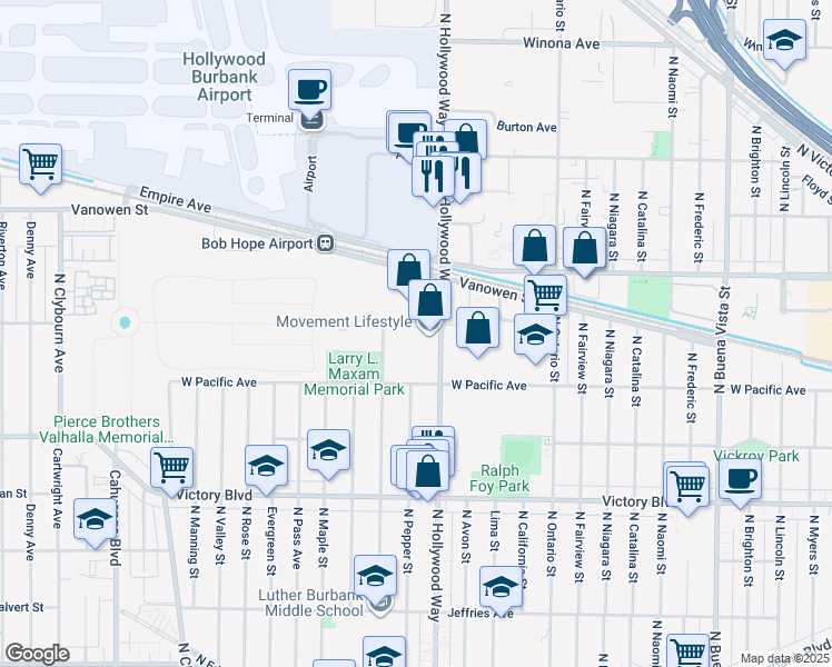 map of restaurants, bars, coffee shops, grocery stores, and more near in Burbank