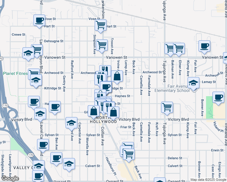 map of restaurants, bars, coffee shops, grocery stores, and more near 11641 Haynes Street in Los Angeles