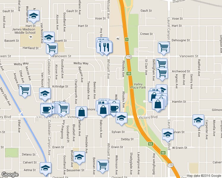 map of restaurants, bars, coffee shops, grocery stores, and more near 6533 Whitsett Avenue in Los Angeles