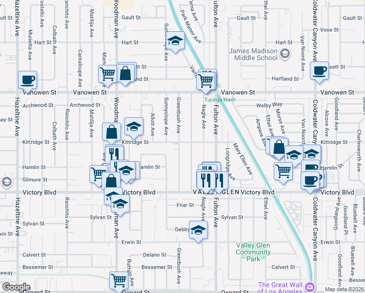 map of restaurants, bars, coffee shops, grocery stores, and more near 6535 Varna Avenue in Los Angeles