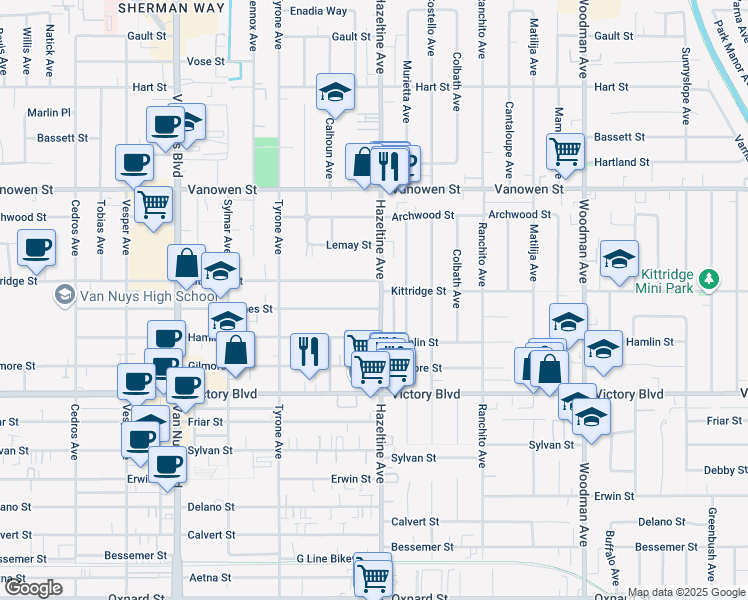 map of restaurants, bars, coffee shops, grocery stores, and more near 6525 Hazeltine Avenue in Los Angeles