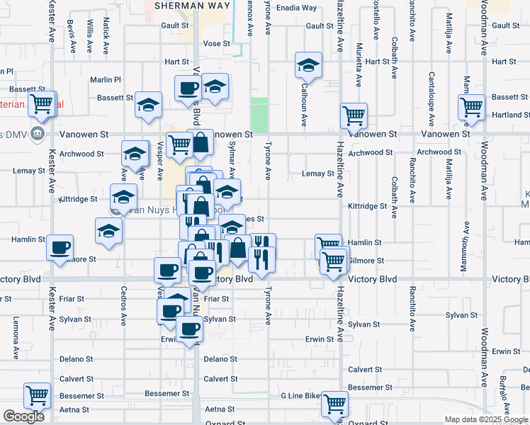 map of restaurants, bars, coffee shops, grocery stores, and more near 14302 Haynes Street in Los Angeles