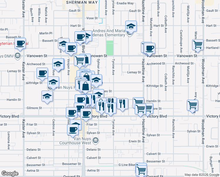 map of restaurants, bars, coffee shops, grocery stores, and more near 14302 Haynes Street in Los Angeles