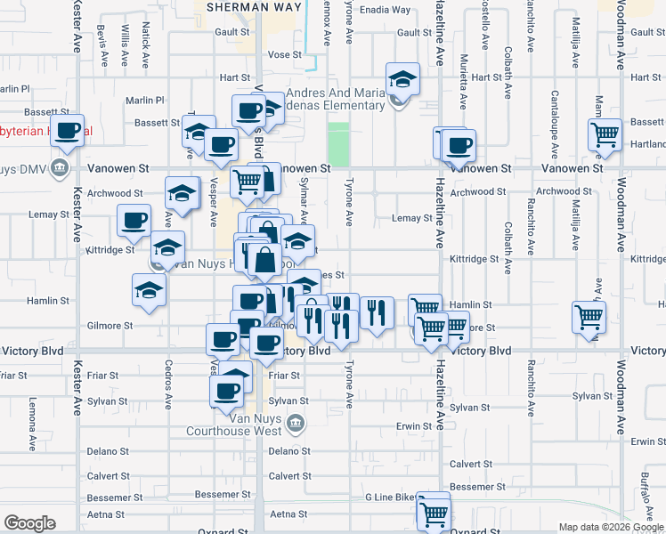 map of restaurants, bars, coffee shops, grocery stores, and more near 14302 Haynes Street in Los Angeles