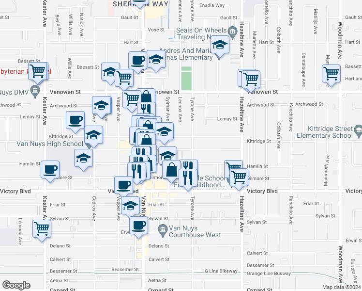 map of restaurants, bars, coffee shops, grocery stores, and more near 14348 Haynes Street in Los Angeles