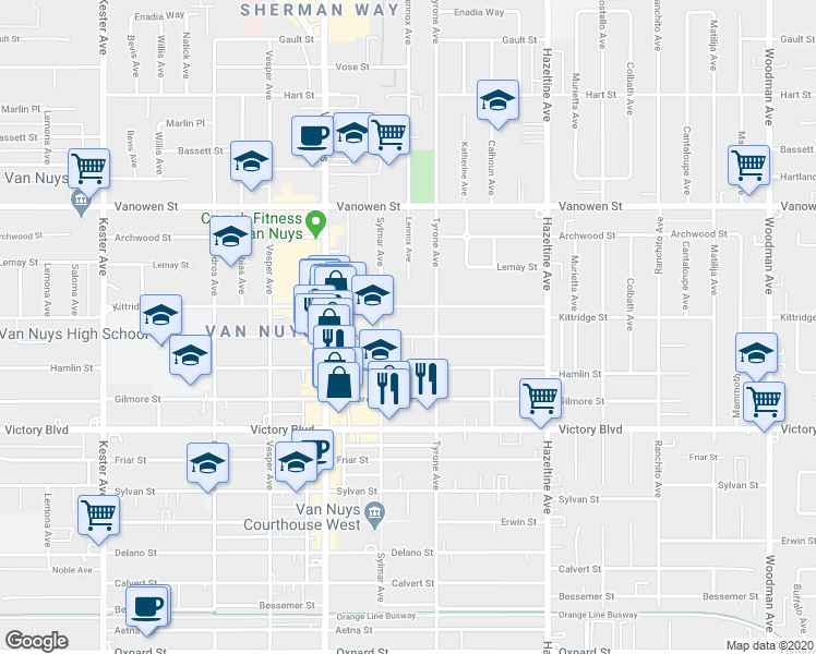 map of restaurants, bars, coffee shops, grocery stores, and more near 14348 Haynes Street in Los Angeles