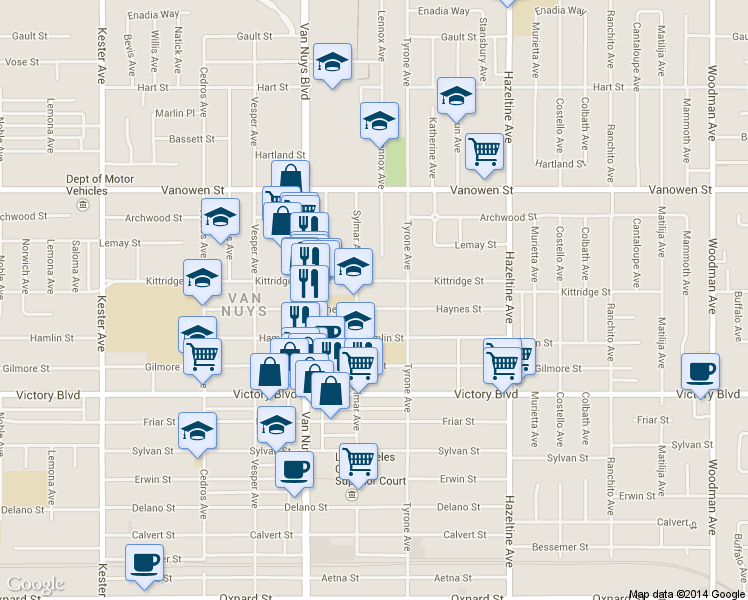 map of restaurants, bars, coffee shops, grocery stores, and more near 14348 Haynes Street in Los Angeles