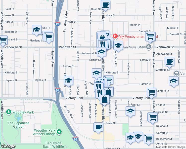 map of restaurants, bars, coffee shops, grocery stores, and more near 6528 Langdon Avenue in Los Angeles