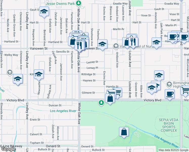 map of restaurants, bars, coffee shops, grocery stores, and more near 17601 Haynes Street in Los Angeles