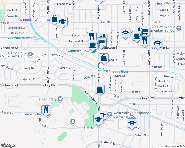 map of restaurants, bars, coffee shops, grocery stores, and more near 6552 Comanche Avenue in Los Angeles
