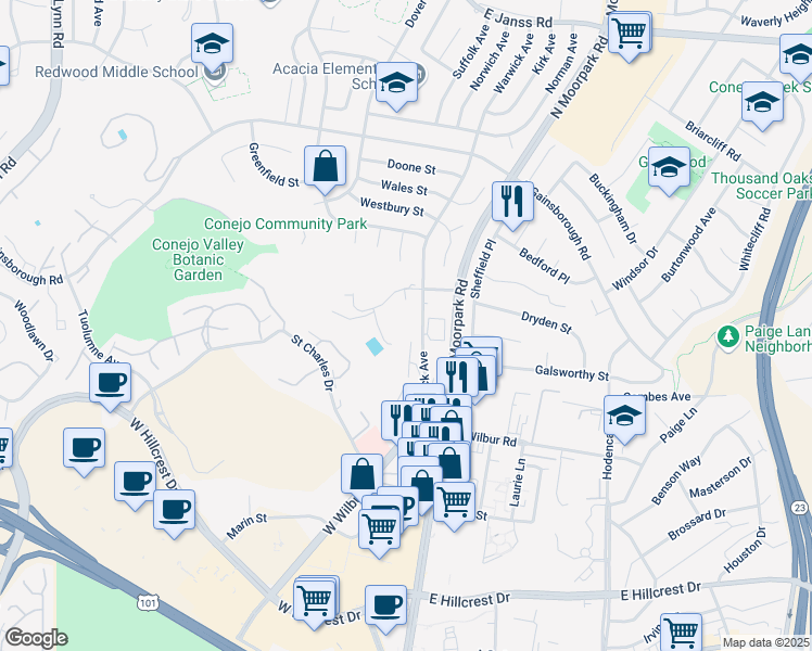 map of restaurants, bars, coffee shops, grocery stores, and more near 865 Warwick Avenue in Thousand Oaks