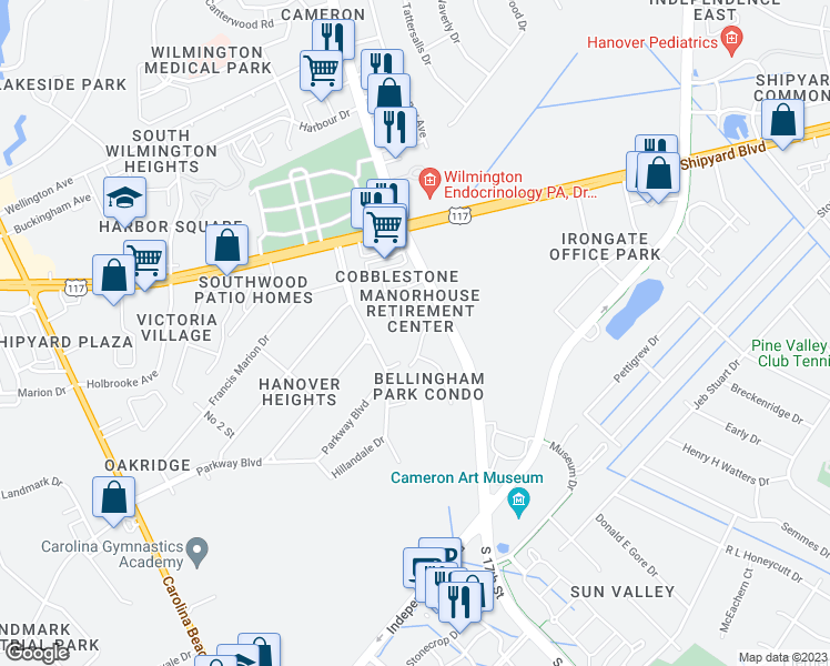 map of restaurants, bars, coffee shops, grocery stores, and more near 2801 Bloomfield Lane in Wilmington