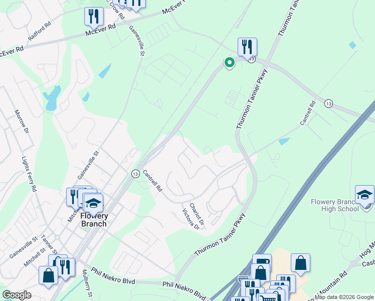 map of restaurants, bars, coffee shops, grocery stores, and more near 4858 Beacon Ridge Lane in Flowery Branch