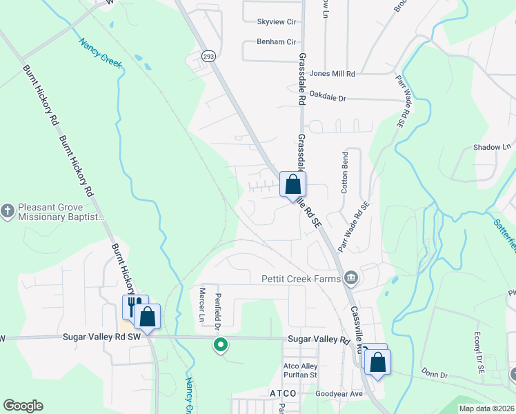 map of restaurants, bars, coffee shops, grocery stores, and more near 28 Middleton Court in Cartersville