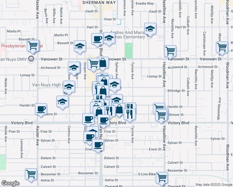 map of restaurants, bars, coffee shops, grocery stores, and more near 14348 Haynes Street in Van Nuys