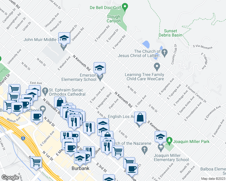 map of restaurants, bars, coffee shops, grocery stores, and more near E Magnolia Blvd & N Kenneth Rd in Burbank