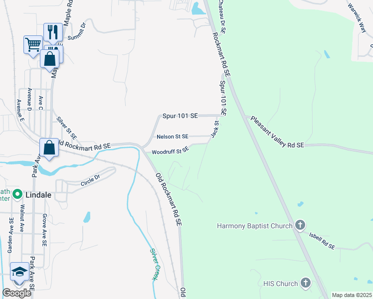 map of restaurants, bars, coffee shops, grocery stores, and more near 57 Woodruff Street Southeast in Silver Creek