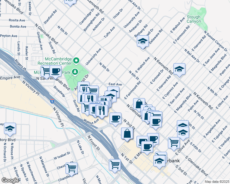 map of restaurants, bars, coffee shops, grocery stores, and more near 1006 North Glenoaks Boulevard in Burbank