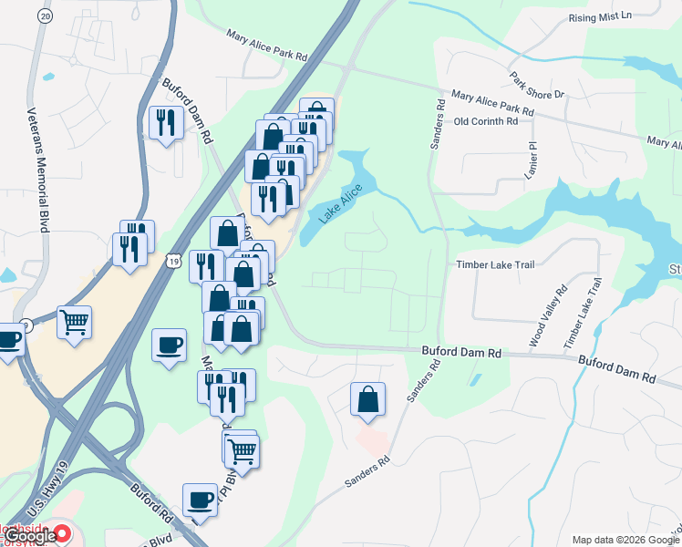map of restaurants, bars, coffee shops, grocery stores, and more near 700 Sanders Road in Cumming