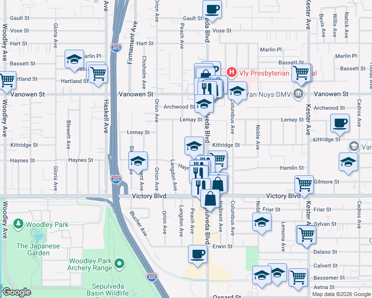 map of restaurants, bars, coffee shops, grocery stores, and more near 6549 Peach Avenue in Los Angeles