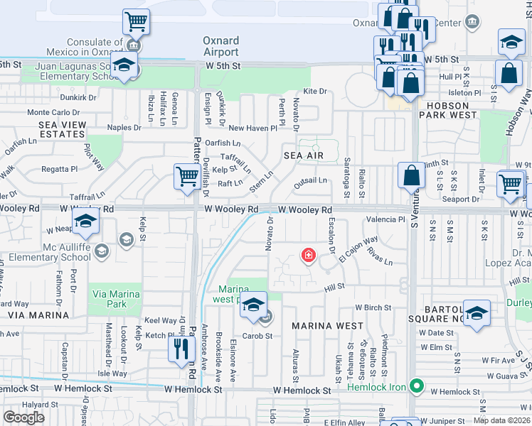 map of restaurants, bars, coffee shops, grocery stores, and more near 1101 Novato Drive in Oxnard