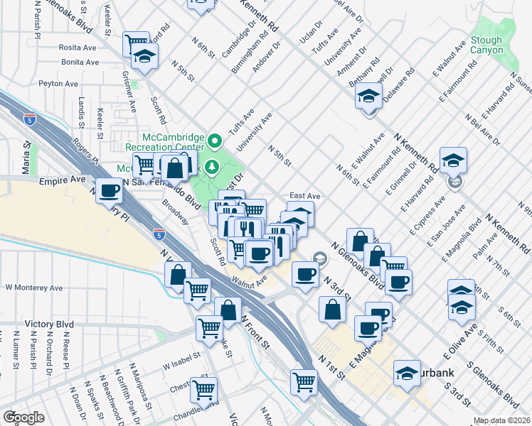 map of restaurants, bars, coffee shops, grocery stores, and more near 310 Cornell Drive in Burbank