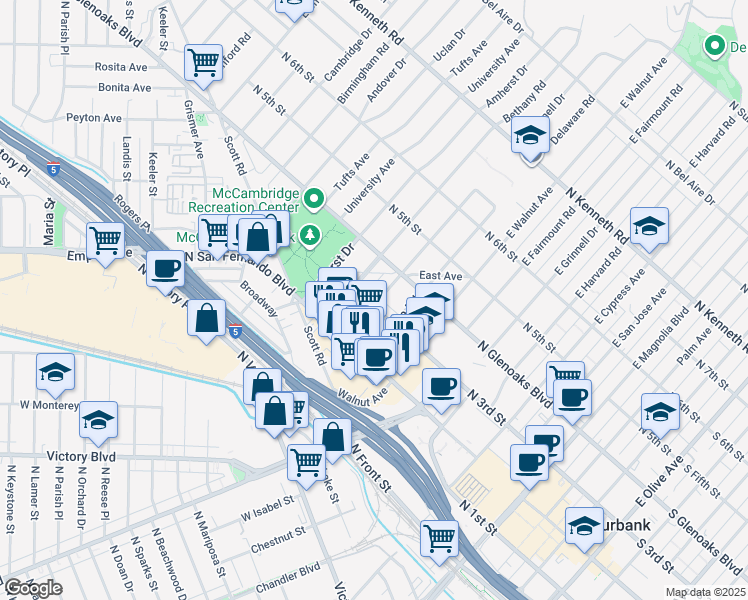 map of restaurants, bars, coffee shops, grocery stores, and more near 1200 North 3rd Street in Burbank