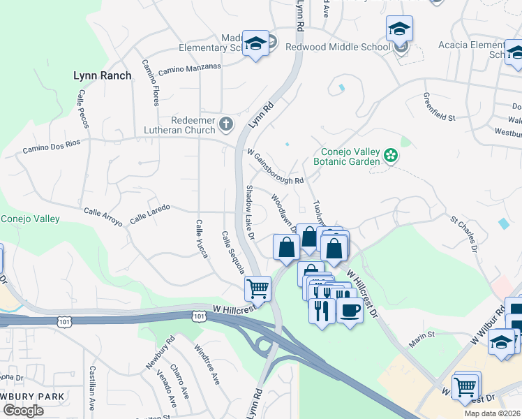 map of restaurants, bars, coffee shops, grocery stores, and more near 608 Hollyburne Lane in Thousand Oaks