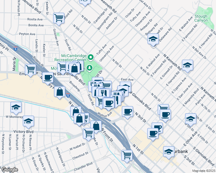 map of restaurants, bars, coffee shops, grocery stores, and more near 1200 North 3rd Street in Burbank