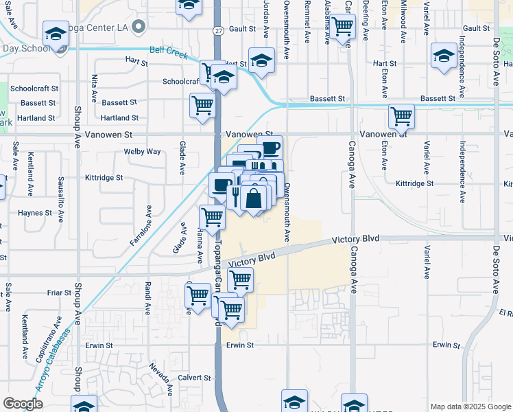 map of restaurants, bars, coffee shops, grocery stores, and more near 6600 California 27 in Los Angeles