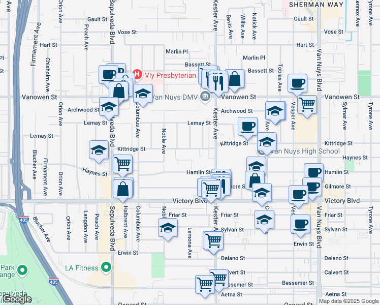 map of restaurants, bars, coffee shops, grocery stores, and more near 14954 Haynes Street in Los Angeles