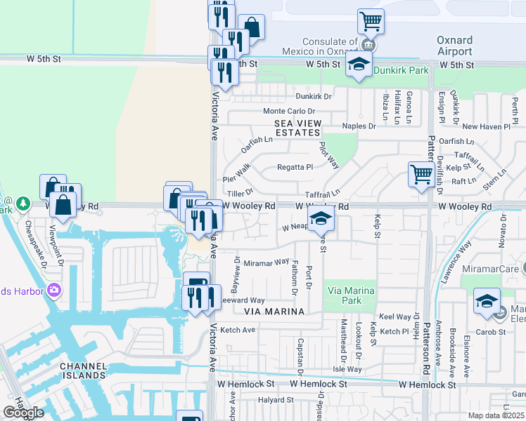 map of restaurants, bars, coffee shops, grocery stores, and more near 3601 Via Pacifica Walk in Oxnard