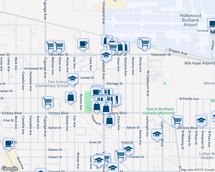 map of restaurants, bars, coffee shops, grocery stores, and more near 6526 Vineland Avenue in Los Angeles