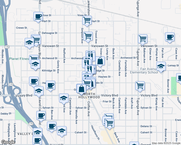 map of restaurants, bars, coffee shops, grocery stores, and more near in Los Angeles