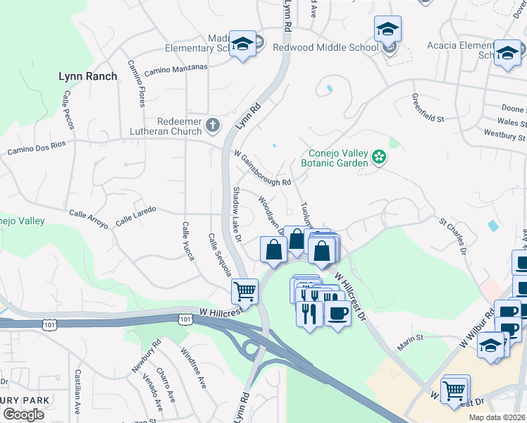 map of restaurants, bars, coffee shops, grocery stores, and more near 883 Woodlawn Drive in Thousand Oaks
